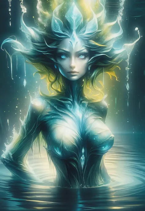 Hydromacer character art，Portrait of a water spirit in the modern world，драматичный，surreal，primitive，concept art，The art of math，Hydromecer in the style of Peter More and Basinski，Leonid afremov--ar 1:2--Chaos 50-niji 5