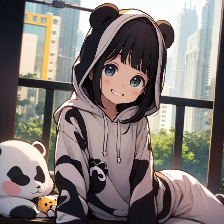 (Best Quality), (mesa:1.3), (realist), (photorealistic:1.36), ultra detailed, from below, Cute  in panda hooded pajamas, COLORFUL T-shirt, interior(flat chest), big smile, Dynamic Angle, down on my knees,, Hands on the ground in front of you,