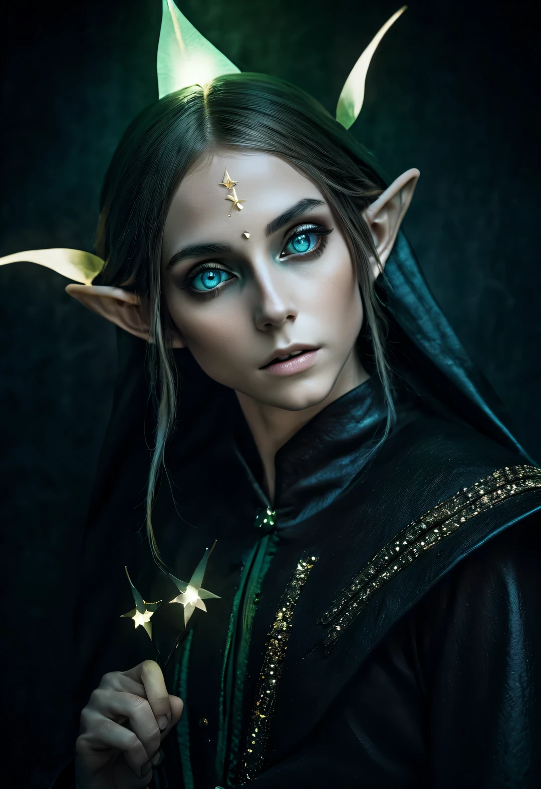 Charming closeup portrait of nordic elf, Minimalism, eternal melancholy, Stylish photography style, Dramatic firefly light, black to black, Asymmetrical composition, concept fantasy, Intricate details - ar 1:2-s 750-q 2,