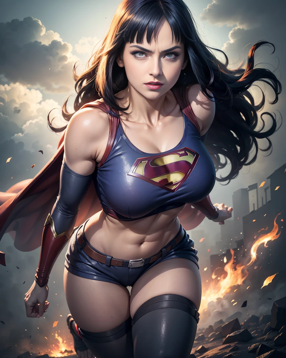 hyuga Hinata, extremely lifelike, extremely sexy, very beautiful, Superhero Supergirl, Supergirl Suit, red cloak, S for Superman on chest, blue swimsuit, Red skirt, red boots, big-ass, legs thick, 8K, extremely beautiful, gorgeous face, ((White eyes)), detailedeyes, mouth detailed, detailed nose, face detailed