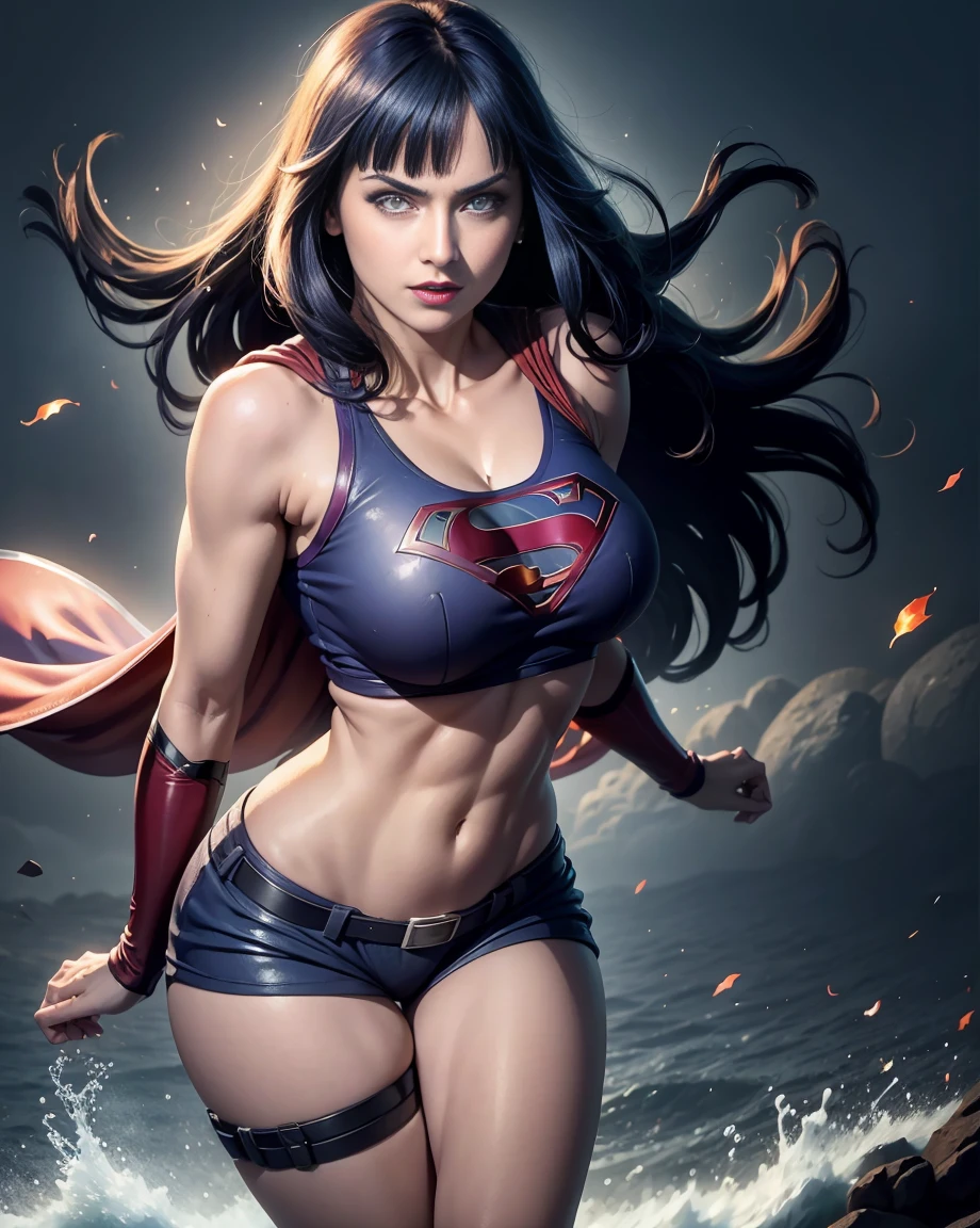 Hinata Hyuga, Extremamente Realista, extremamente sexy, muito linda, Superhero Supergirl, terno Supergirl, capa vermelha, S do super-homem no peito, blue swimsuit, Red skirt, botas vermelhas, bunda grande, pernas grossas, 8K, Extremamente linda, rosto lindo, White eyes, olhos detalhados, boca detalhado, nariz detalhado, rosto detalhado