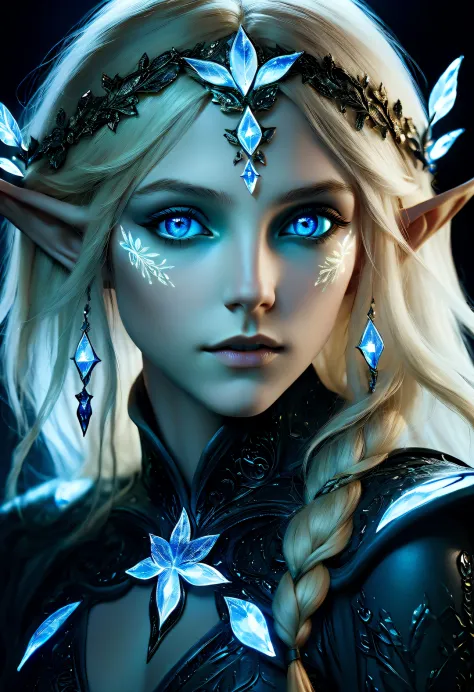 Charming closeup portrait of nordic elf, Blonde hair, blue eyes, Exceptionally beautiful, minimalist, eternal melancholy, Stylish photography style, Dramatic firefly light, black to black, Asymmetrical composition, concept fantasy, intricate details 