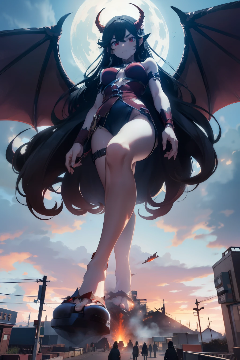 giant girl 50,0000000 feet high,， Have a pair of long legs，Possessing a pair of huge blood-red demon wings，And a pair of blood-red devil eyes，Has black waist-length hair，Loose hair，Wearing a pair of high heellack curly hair，Holding a demon sword，A look of enjoyment，Standing tall in a small town crowded with people, destroying them wantonly，It seems like an invincible existence