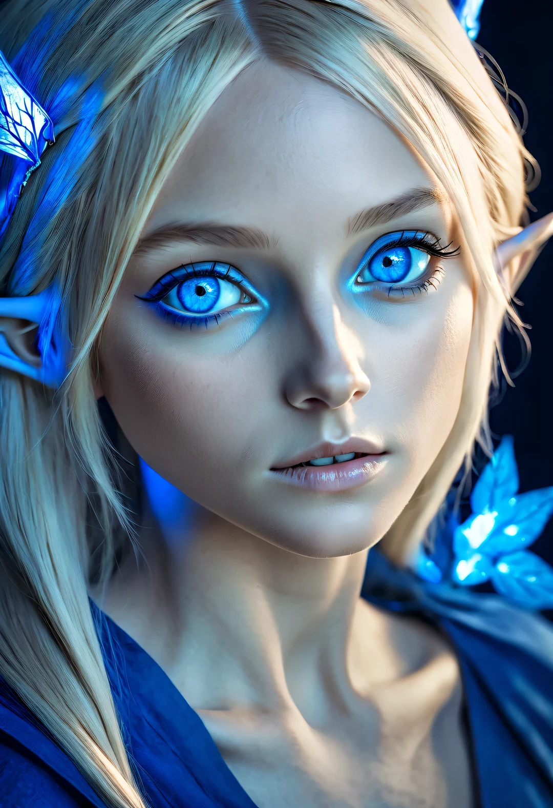 Charming closeup portrait of nordic elf, Blonde hair, blue eyes, Exceptionally beautiful, minimalist, eternal melancholy, Stylish photography style, Dramatic firefly light, sapphire blue to sapphire blue, Asymmetrical composition, concept fantasy, Intricate details - ar 1:2-s 750-q 2,