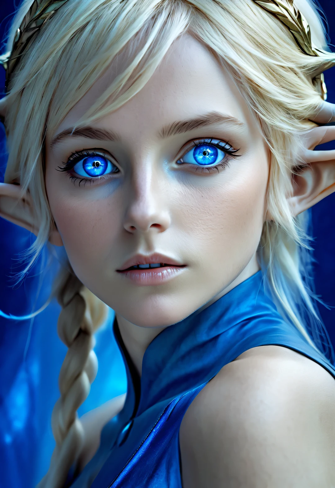 Charming closeup portrait of nordic elf, Blonde hair, blue eyes, Exceptionally beautiful, minimalist, eternal melancholy, Stylish photography style, Dramatic firefly light, sapphire blue to sapphire blue, Asymmetrical composition, concept fantasy, Intricate details - ar 1:2-s 750-q 2,