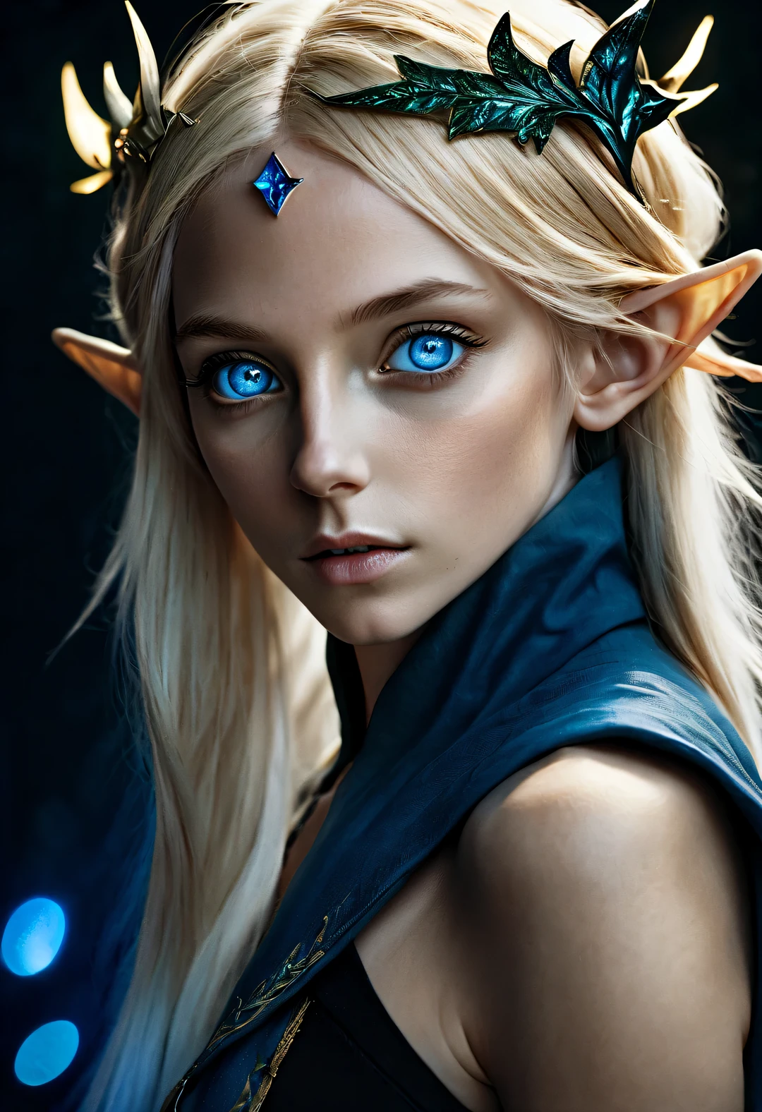 Charming closeup portrait of nordic elf, Blonde hair, blue eyes, Exceptionally beautiful, minimalist, eternal melancholy, Stylish photography style, Dramatic firefly light, black to black, Asymmetrical composition, concept fantasy, Intricate details - ar 1:2-s 750-q 2,