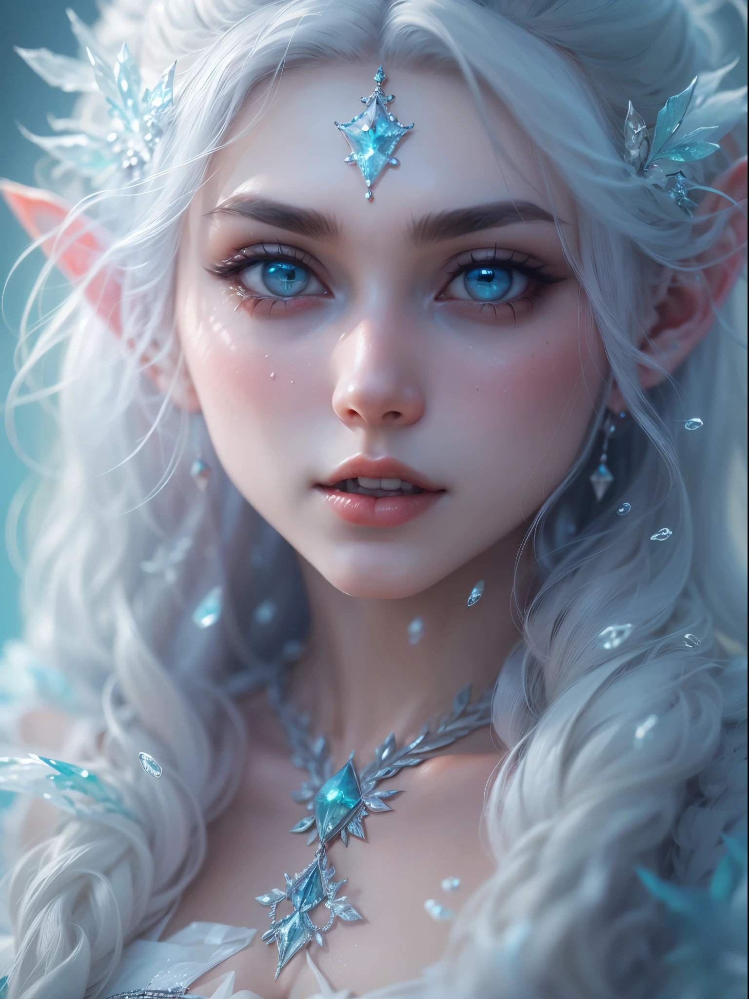 (best quality,4K,8k,high resolution,masterpiece:1.2), Super detailed, (actual,lifelike,photorealistic:1.37),Perfect work，backlight，（frozen rime：1.37，refracted light，Frost，transparent，（beautiful elf，elf earright Eyes，Sharp teeth，white hair，messy hair），HDR，UHD，light，super fine painting，sharp focus，Physically based rendering，Extremely detailed description，major，Vibrant colorlur background。 Art style：portrait，Fantasy，magical creatures，Cold tones，Ethereal atmosphere。