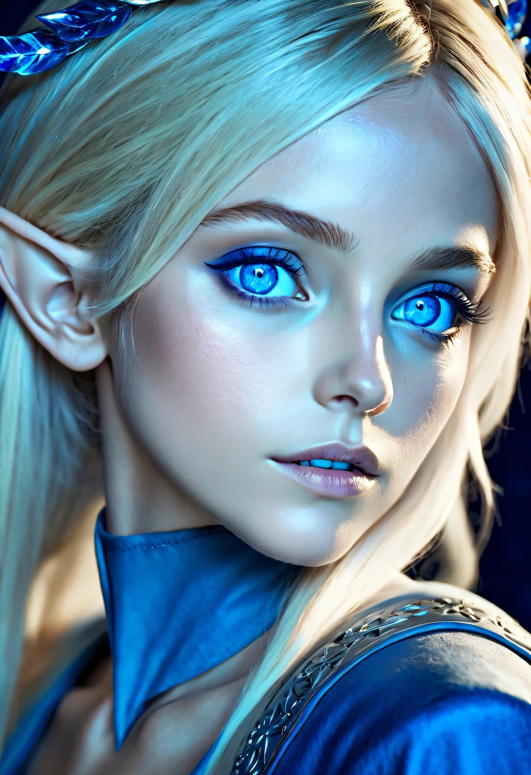 Charming closeup portrait of nordic elf, Blonde hair, blue eyes, Exceptionally beautiful, minimalist, eternal melancholy, Stylish photography style, Dramatic firefly light, sapphire blue to sapphire blue, Asymmetrical composition, concept fantasy, intricate details 