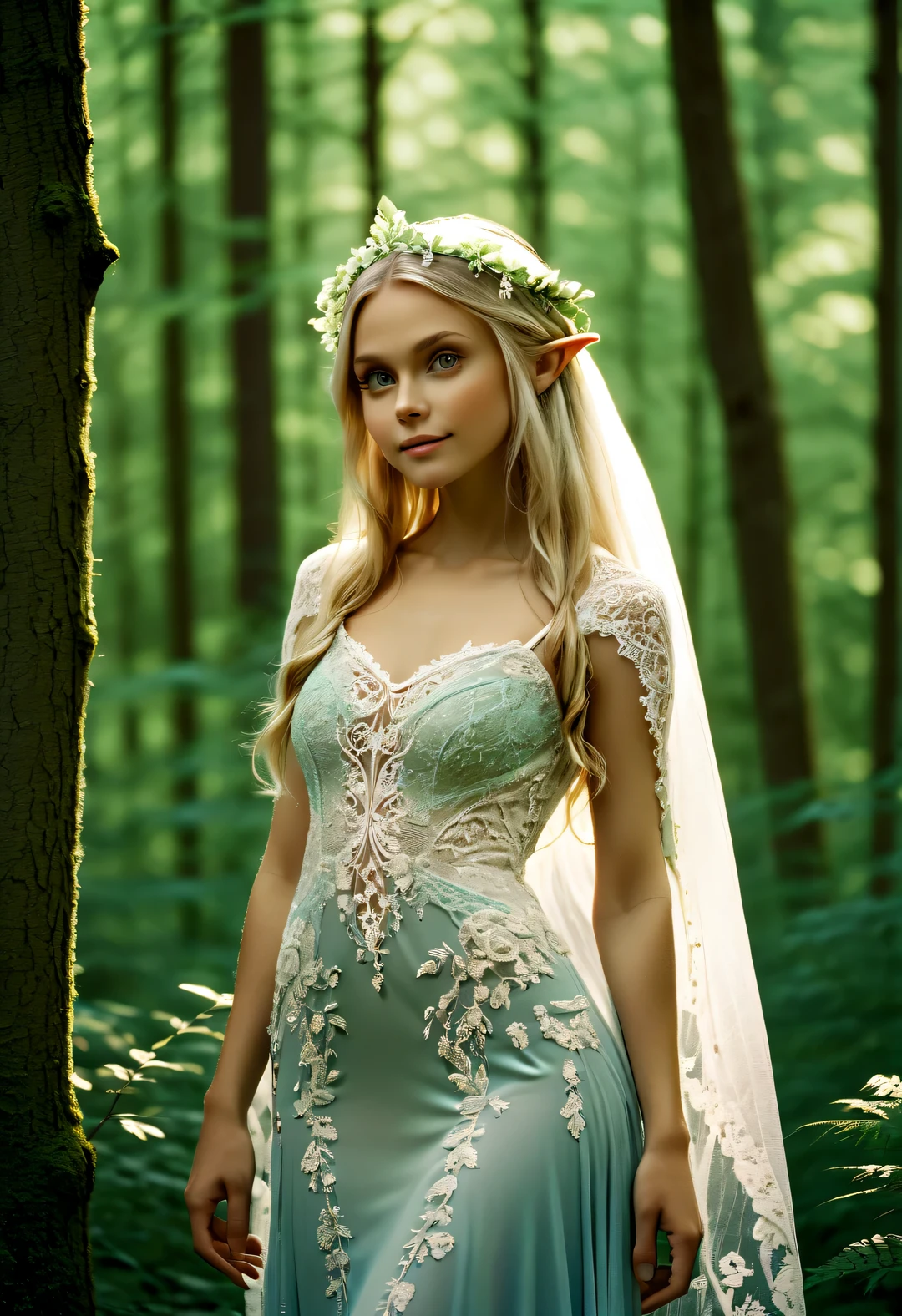 eye level view, Full body, young and beautiFul Nordic mythical elF, perFect Figure, radiant skin, expressive eyes, High cheekbones, Delicate nose, bright smile, Flowing hair, Wearing an exquisite lace wedding dress, standing in the Forest, Shot in advertising style, romantic wedding photography style, soFt natural light, shot on Canon AE-1 Film camera, with a lens oF 50mm, F/1.8, shallow depth oF Field, pastel color palette, Very detailed, 8k-AR 3:4-q2-s750