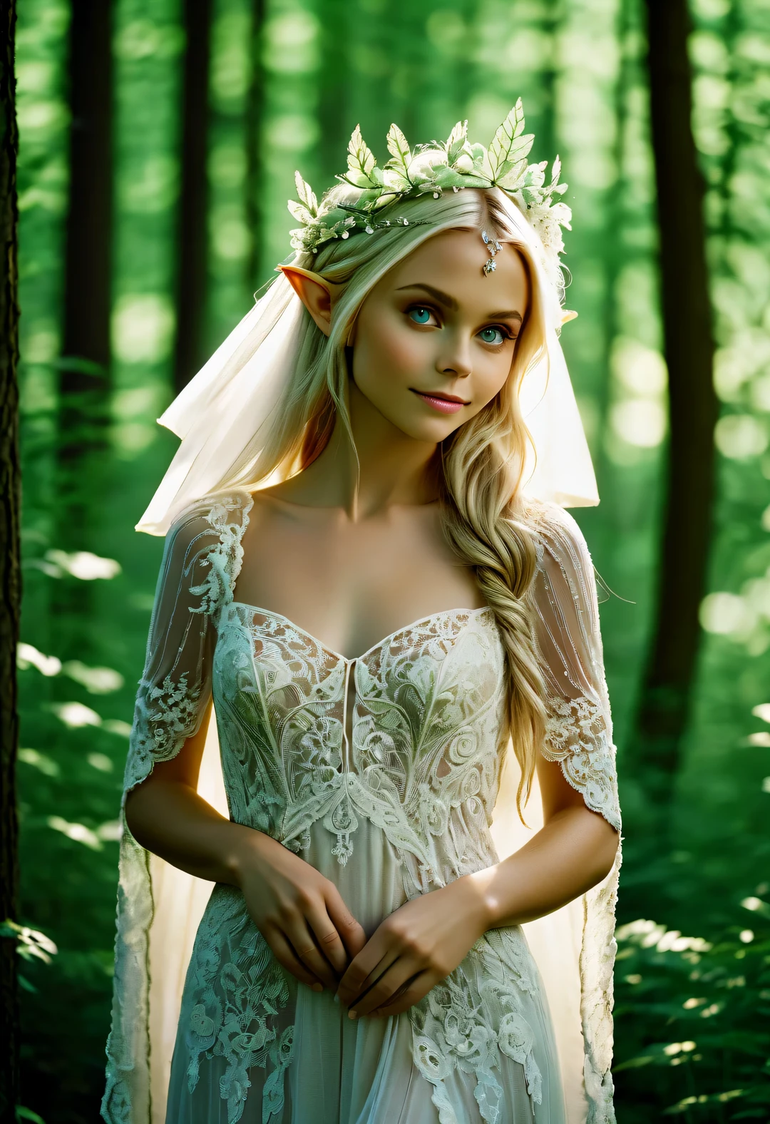 eye level view, Full body, young and beautiFul Nordic mythical elF, perFect Figure, radiant skin, expressive eyes, High cheekbones, Delicate nose, bright smile, Flowing hair, Wearing an exquisite lace wedding dress, standing in the Forest, Shot in advertising style, romantic wedding photography style, soFt natural light, shot on Canon AE-1 Film camera, with a lens oF 50mm, F/1.8, shallow depth oF Field, pastel color palette, Very detailed, 8k-AR 3:4-q2-s750