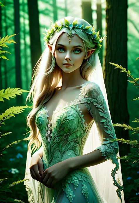 eye level view, portrait, young and beautiFul Nordic mythological elF, perFect Figure, radiant skin, expressive eyes, High cheekbones, Delicate nose, bright smile, Flowing hair, Wearing an exquisite lace wedding dress, standing in the Forest, Shot in adver...