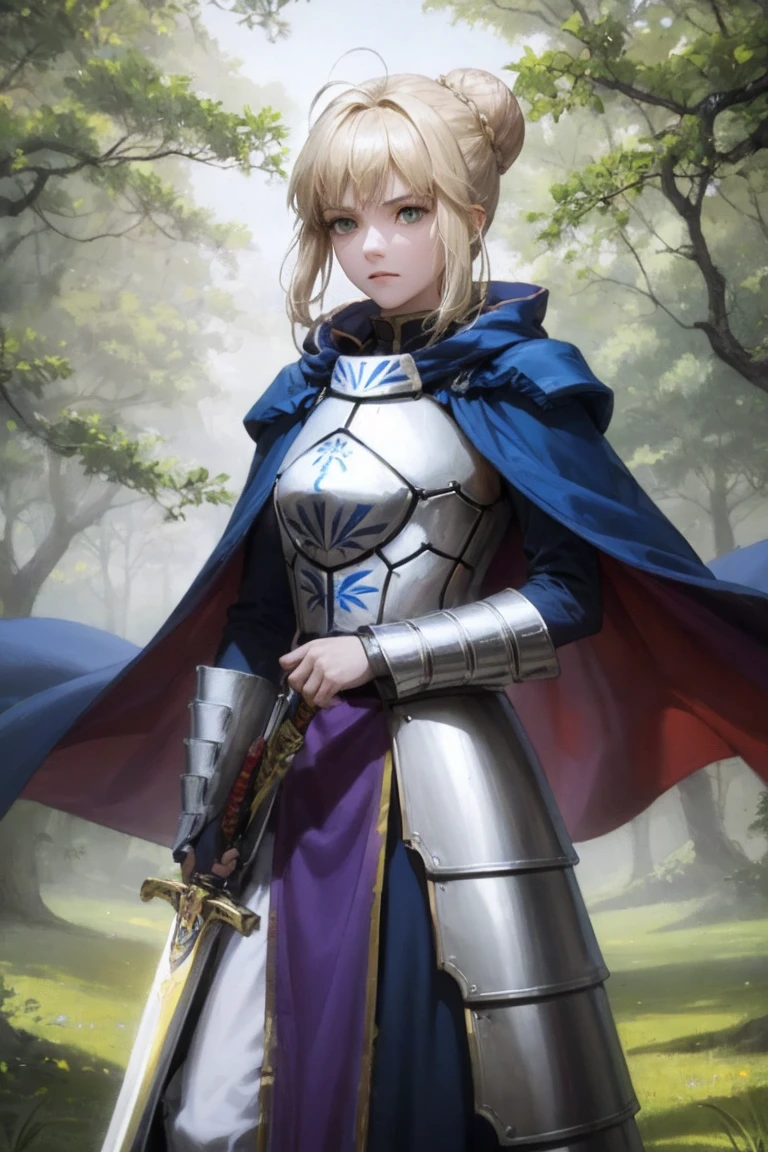 1 girl，a face，Artoria，king arthur，King of England，Destiny serieedieval knight，((bright blonde))，standing on the grass，golden sword，The sword in the middle of the picture，Close-up of the sword，ground it，Hands holding a sword，in the forest，Serious expression，Sterling silver heavy armor，Sterling silver leg armor，Sterling silver armor，Dark blue heavy cloak，Flash，Huge dark blue round skirt，golden lace，bun hair，Bad milk，green eyes，Lonely，half body，(ultra high resolution)，(ultra high definition)，masterpiece，品质最佳