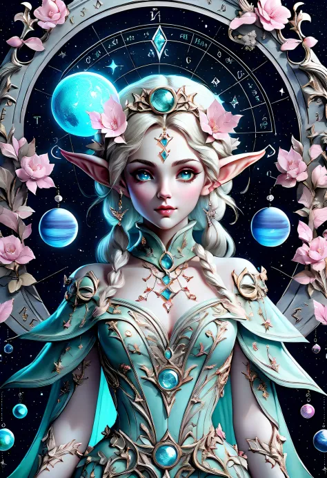 A beautiful norse mythology elf，With birth chart background, astrological symbols, zodiac signs, planet, baroque concrete work, pink scene, ethereal portrait, Rococo style details, soft and dreamy depictions, female emotions, Meticulous attention to clothi...
