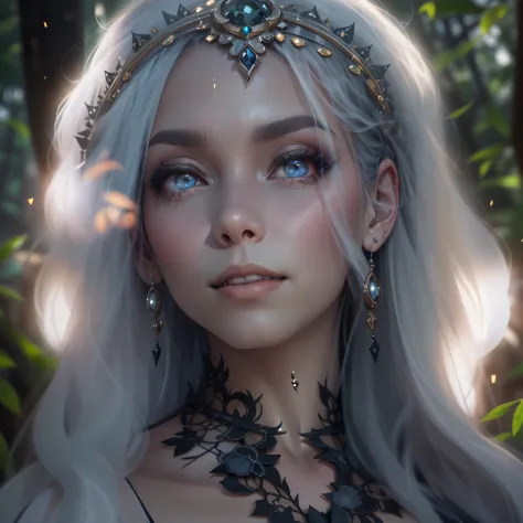 Gothic,portrait,night elf queen,sharp focus,blue eyes,Flowing white hair,Salient features,Detailed lips,dark skin,mystery的微笑,tho...