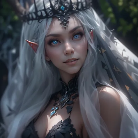 Gothic,portrait,night elf queen,sharp focus,blue eyes,Flowing white hair,Salient features,Detailed lips,dark skin,mysterious smi...