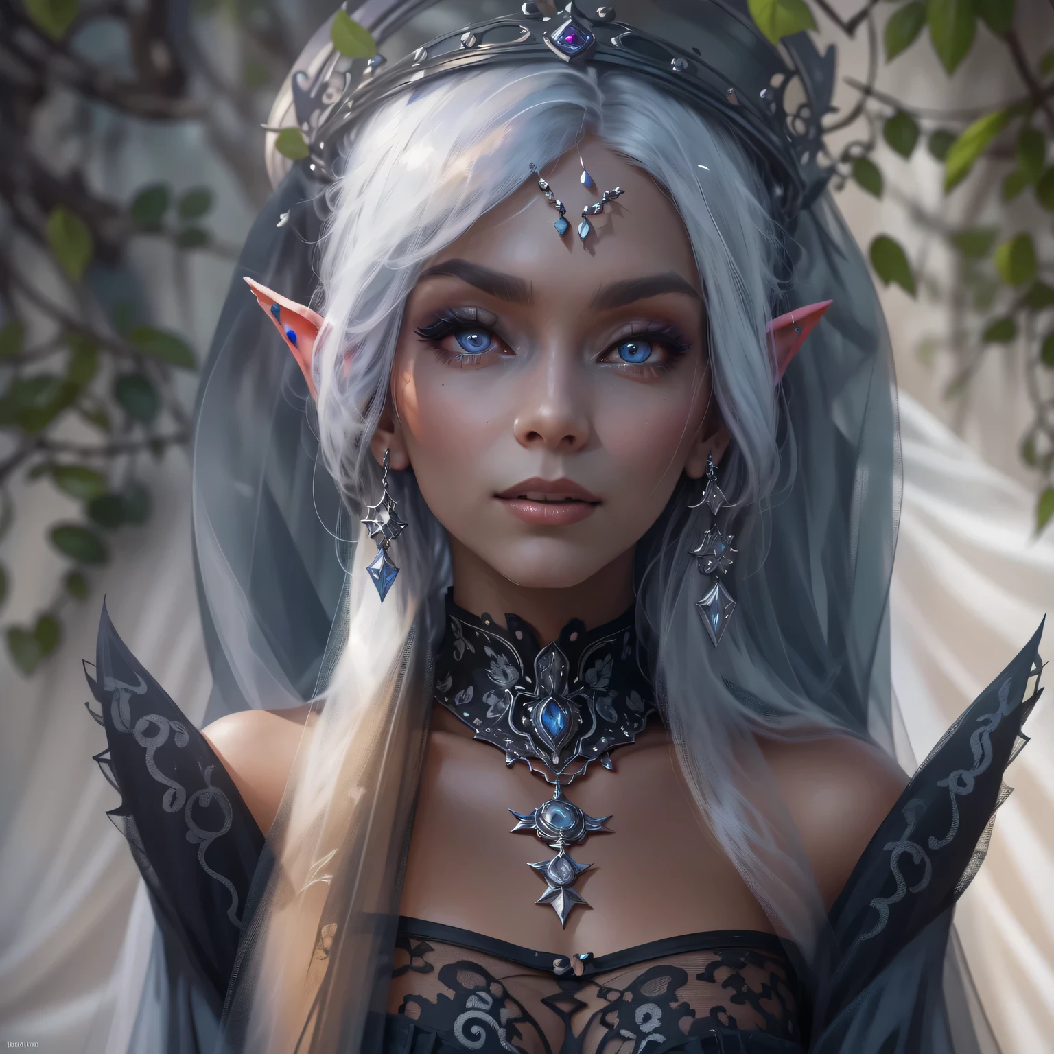 (best quality,4K,8k,high resolution,masterpiece:1.2),Super detailed,(actual,photoactual,photo-actual:1.37),Gothic,portrait,night elf queen,sharp focus,blue eyes,Flowing white hair,Salient features,Detailed lips,dark skin,mysterious smile,thorn crown,exquisite jewelry,long and pointed ears,charming gaze,black lace dress,veil,Moonlight Garden,Forest background under moonlight,Moonlight casts shadows,dark aura,Stylish design,ethereal beauty,nipple process,The presence of majesty,charming gaze,subtle glow,ethereal light