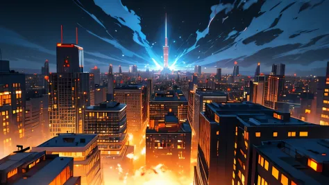 Create a visually stunning and immersive cinematic anime shot of a burning city. The scene should be portrayed from an aerial pe...