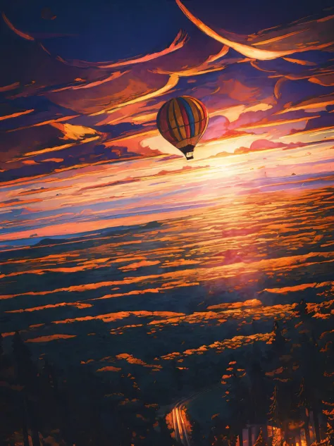 hot air balloon very big floating in the sky, golden glow, mesmerizing scenery, breathtaking view, sparkling fabric, intricate details, enchanting sunset, whimsical clouds, panoramic landscape, dreamlike atmosphere, graceful movement, majestic presence, et...