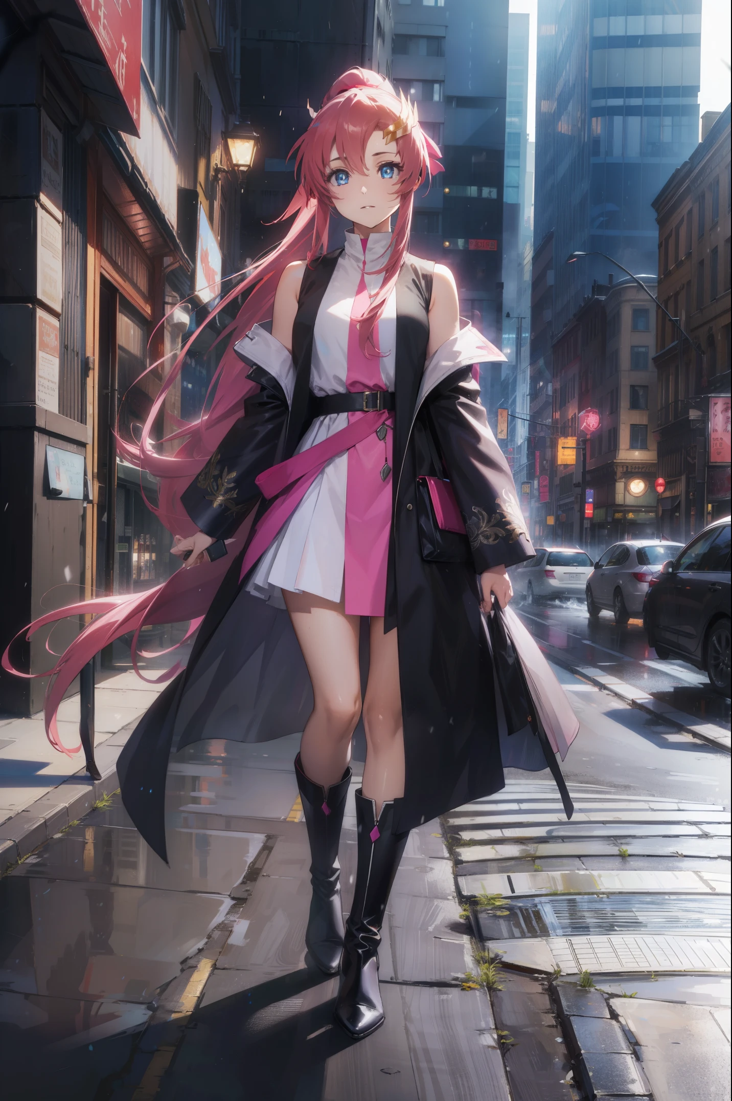 lacusclyne, lacus clyne, blue eyes, hair ornament, long hair, wave hair ornament, pink hair, ponytail, hair ribbon, hair clip,
BREAK ankle boots, black robe, boots, coat, long sleeves, red ribbon, ribbon, robe, sidelocks, sleeveless coat, white coat, white footwear,
BREAK outdoors, city,
BREAK looking at viewer, BREAK (masterpiece:1.2), best quality, high resolution, unity 8k wallpaper, (illustration:0.8), (beautiful detailed eyes:1.6), extremely detailed face, perfect lighting, extremely detailed CG, (perfect hands, perfect anatomy),