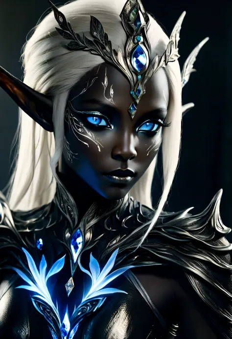 Charming nordic dark elf closeup portrait, Blonde hair, blue eyes, Exceptionally beautiful, minimalist, eternal melancholy, Stylish photography style, Dramatic firefly light, black to black. Dark elves have dark skin and silver hair, This  a symbol of evil...