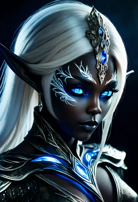 Charming nordic dark elf closeup portrait, Blonde hair, blue eyes, Exceptionally beautiful, minimalist, eternal melancholy, Stylish photography style, Dramatic firefly light, black to black. Dark elves have dark skin and silver hair, This  a symbol of evil...