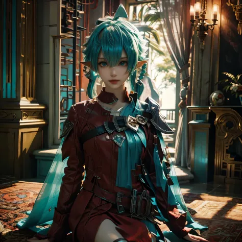 （（（Eyes are very delicate）））（（（hair accessories）））  (  (  (cyan hair)  )  )   (  (  (green eyes)  )  ) （（（veil（24））））（（（veil））），necklace，Wearing a red transparent sexy silk dress， ((skin glowing))The room filled with Chinese New Year decorationasterpiece））...