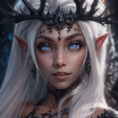 night elf queen,portrait,sharp focus,blue eyes,Flowing white hair,Salient features,Detailed lips,dark skin,mysterious smile,thor...