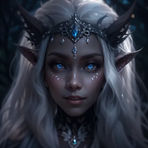 night elf queen,portrait,sharp focus,blue eyes,Flowing white hair,Salient features,Detailed lips,dark skin,mysterious smile,thor...