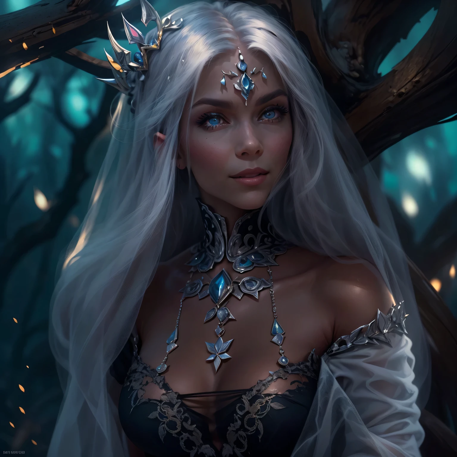 night elf queen,portrait,sharp focus,blue eyes,Flowing white hair,Salient features,Detailed lips,dark skin,mysterious smile,thorn crown,exquisite jewelry,long and pointed ears,charming gaze,black lace dress,veil,Moonlight Garden,Forest background under moonlight,Moonlight casts shadows,dark aura,Stylish design,ethereal beauty,nipple process,The presence of majesty,charming gaze,subtle glow,ethereal light).(best quality,4K,8k,high resolution,masterpiece:1.2),Super detailed,(actual,photoactual,photo-actual:1.37),