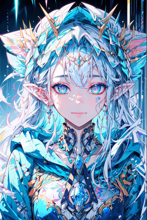 portrait of an ice elf, ice around, frosty theme, shiny yellow eyes, light cold smile, arrogant facial expression, sexy Russian ...