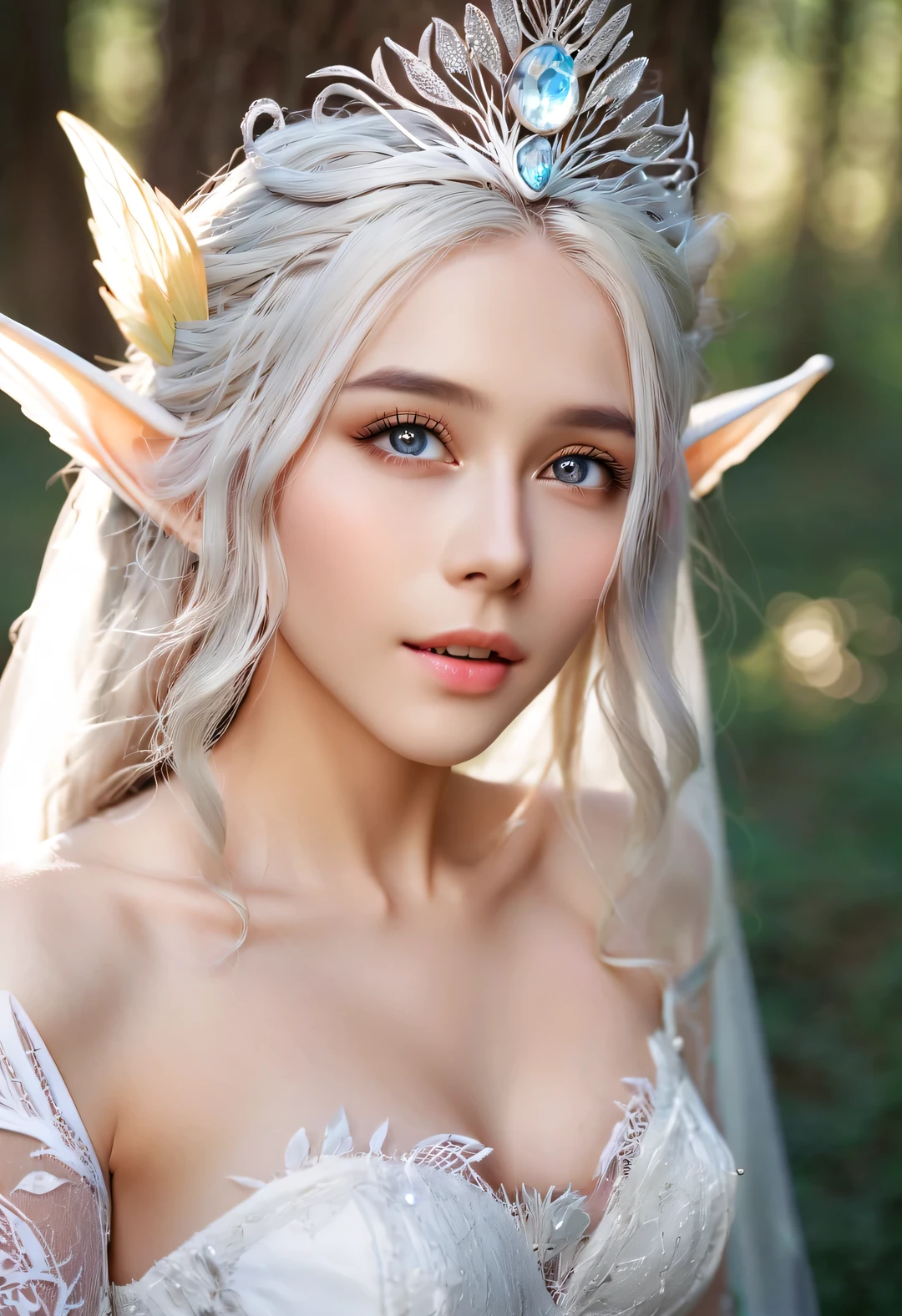 (Bust close-up portrait), Young beautiful light elf sparkling, sparkling，It looks very beautiful. They are usually mild-mannered, happy and enthusiastic, Able to communicate with trees, Flowers and plants, fish and birds, Have the perfect figure, radiant skin, expressive eyes, High cheekbones, Delicate nose, bright smile, flowing hair, and wear an exquisite lace wedding dress, Forest background under moonlight,
Advertising style shoot, romantic wedding photography style, soft natural light, Shot with Canon AE-1 film camera, lens 50mm, F/1.8, light depth of field, pastel color palette, Very detailed, 8k,