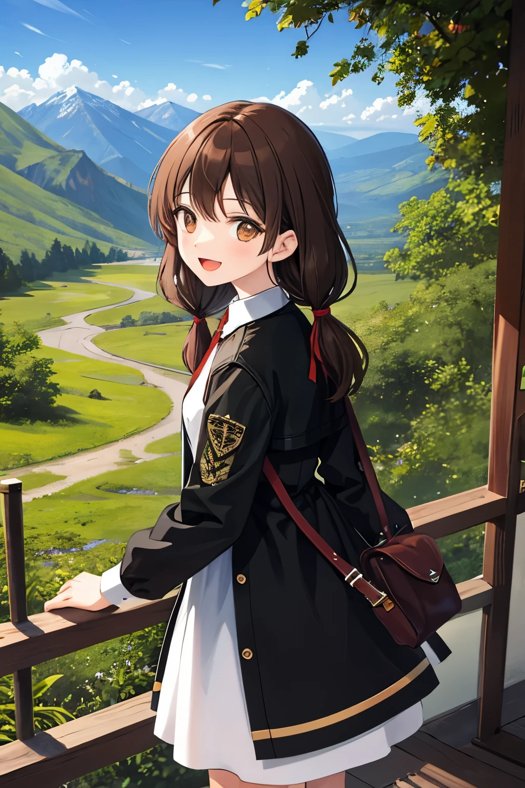 Mejor calidad, Amazing intricacy, Pretty girl, Dark brown eyes, feliz, :D, small breasts, 
Dark brown hair, twin braiDs, white Dress, 
desde el frente, tiro de vaquero, stanDing, 
en el bosque, mountain in the Distance, cielo