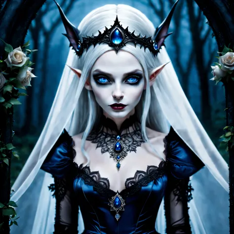 (best quality,4K,8k,high resolution,masterpiece:1.2),Super detailed,(actual,photoactual,photo-actual:1.37),Gothic,portrait,night elf queen,sharp focus,blue eyes,Flowing white hair,Salient features,Detailed lips,pale skin,mysterious smile,thorn crown,exquis...
