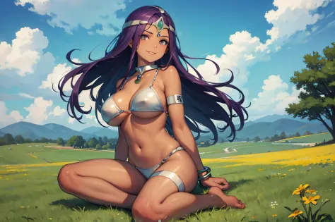masterpiece, best quality, Decmania, circus, collar, bracelet, armband, bikini, Ren Baolin, , Smile, looking at the audience, Place, sky sky, cloud, grassland, Everlasting，Tanned, sitting, barefoot, Big breasts