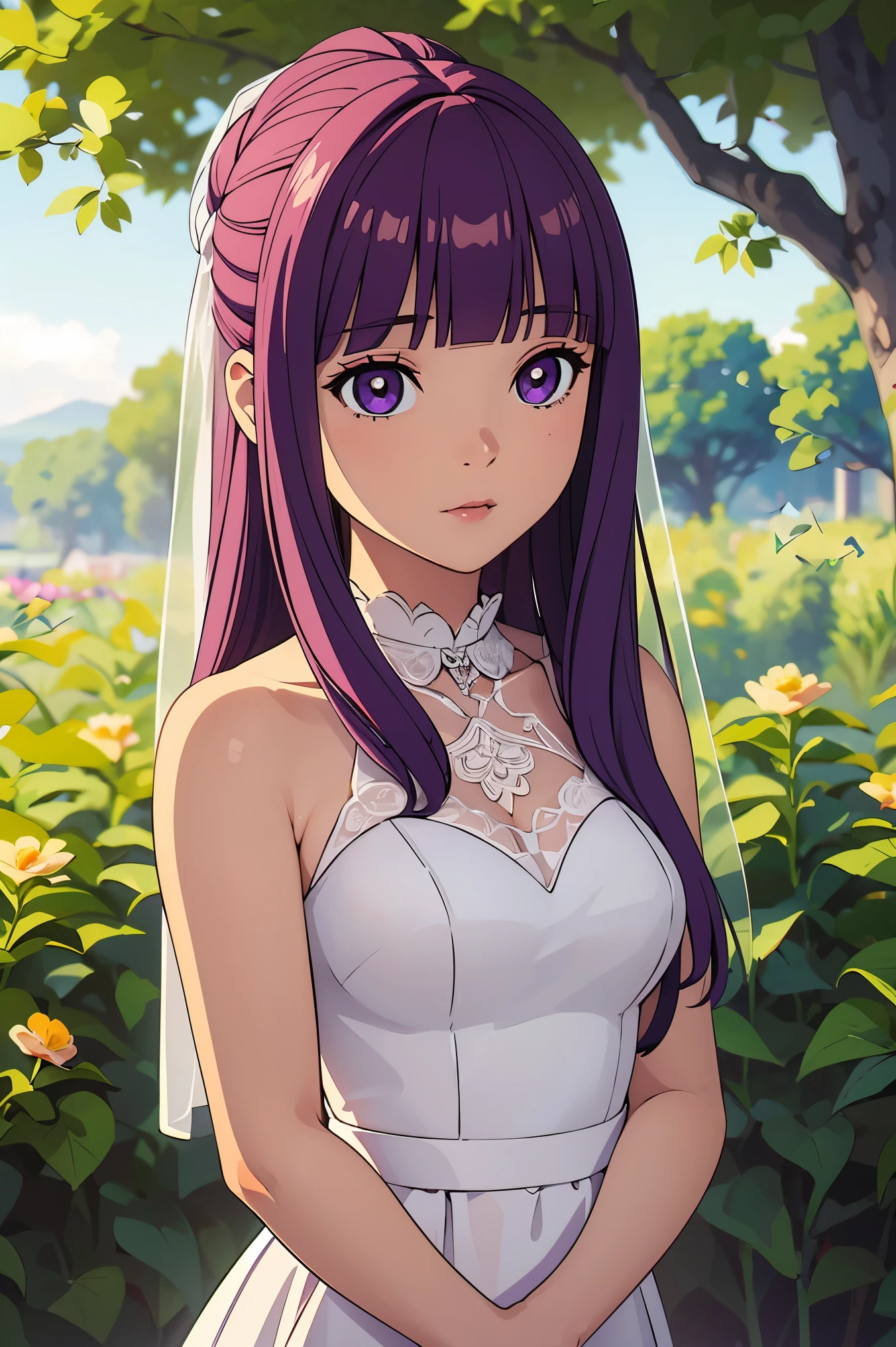 ((masterpiece, best quality, ultra-detailed, very fine 8KCG wallpapers)), 1 girl, solo, fern, blush, very long hair, blunt bangs, half updo, purple hair, sidelocks, eyebrows visible through hair, purple eyes, large breasts, (wedding dress:1.2), garden wedding outside the church,