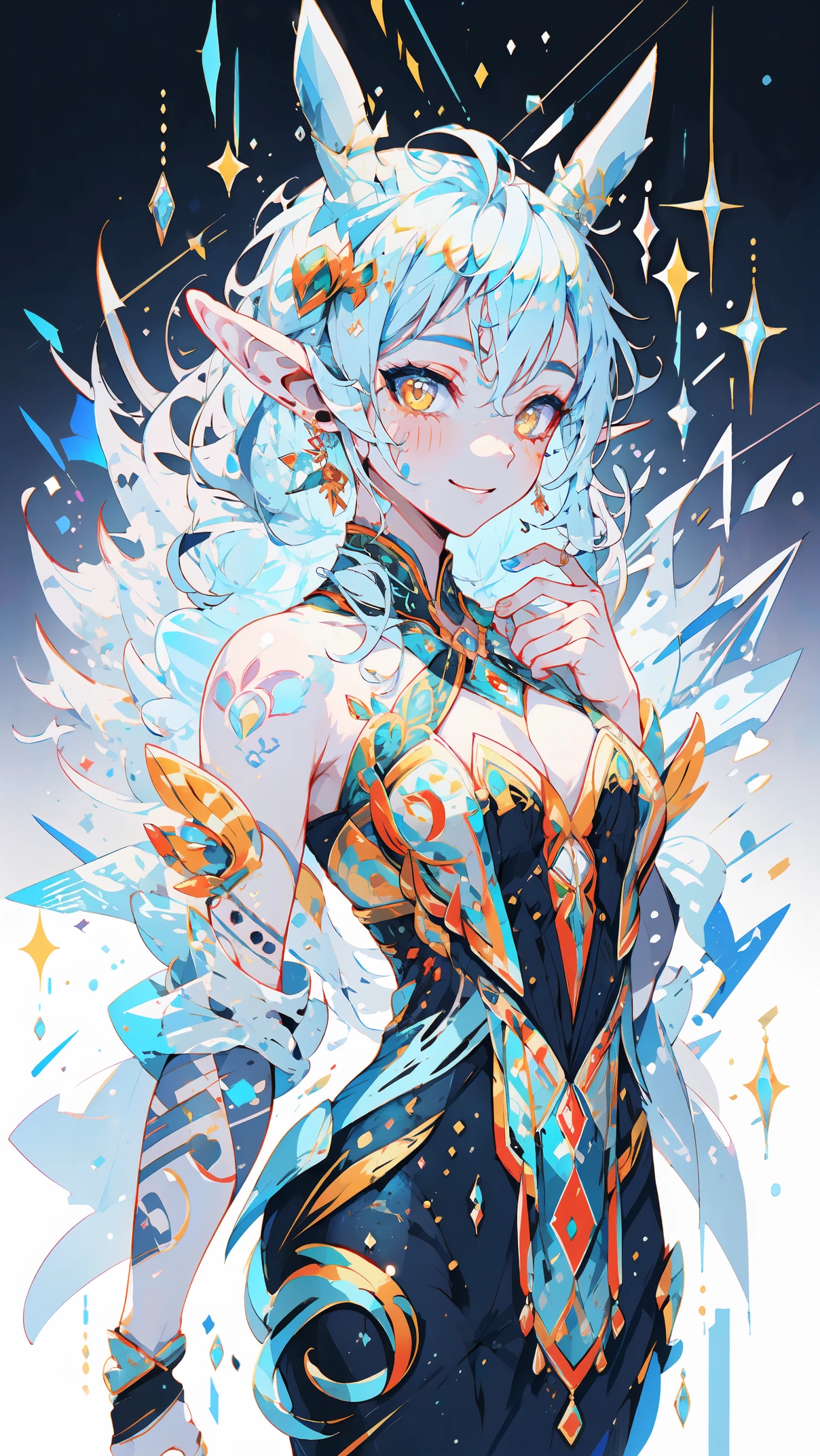 portrait of an ice elf, medium length elf ears, pointy ears,ice around, frosty theme, shiny yellow eyes, light cold smile, arrogant facial expression, sexy Russian style costume, Blue crystal jewelry, icy blue glowing tattoos,Detailed,Realistic,4k highly detail,by Mappa studios,masterpiece,best quality,official art,illustration,ligne claire,(cool_color),perfect composition,fantasy,focused,rule of third