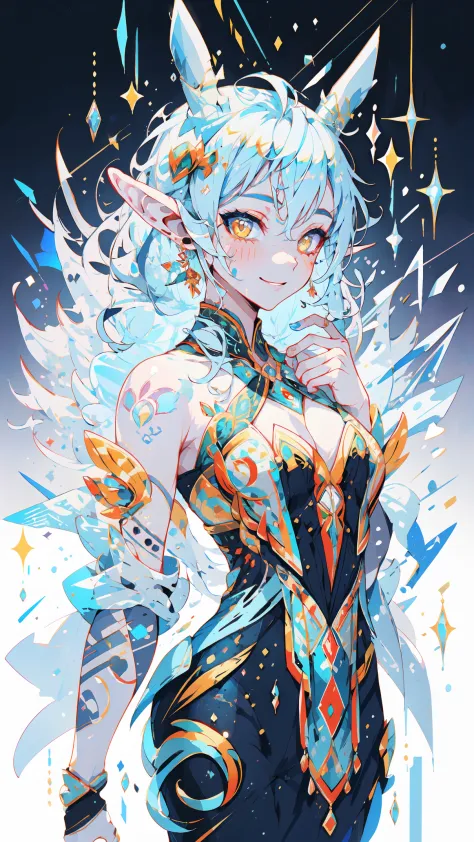 portrait of an ice elf, medium length elf ears, pointy ears,ice around, frosty theme, shiny yellow eyes, light cold smile, arrog...