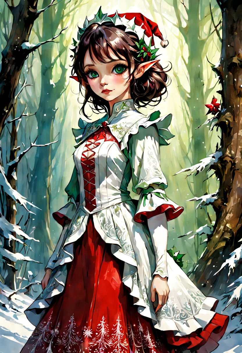 Beautiful Long-ears elf queen green eyes in red- white Christmas dress , enchanted forest background, dark hair, fantasy, intricate details, hyper detailed, Jean Baptiste Monge, Carne Griffiths, Michael Garmash, seb McKinnon, masterpiece