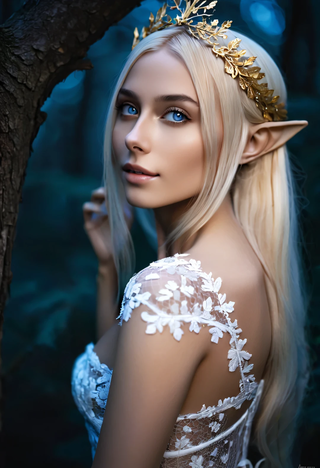 Charming half-length close-up photo of Nordic light elf, Has blonde hair, blue eyes, Exceptionally beautiful, minimalist, eternal melancholy, Stylish photography style, Dramatic firefly light, black to black, Asymmetrical composition, concept fantasy, intricate details, Perfect body, radiant skin, expressive eyes, High cheekbones, Delicate nose, bright smile, flowing hair, Wearing an exquisite lace wedding dress, Forest background under moonlight, Advertising style shoot, romantic wedding photography style, soft natural light, Shot with Canon AE-1 film camera, Lens 50mm, F/1.8, Deep light, pastel color palette, Very detailed, 8k,