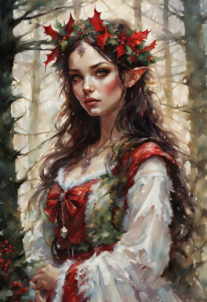 Beautiful Long-ears elf queen green eyes in red- white Christmas dress , enchanted forest background, dark hair, fantasy, intricate details, hyper detailed, Jean Baptiste Monge, Carne Griffiths, Michael Garmash, seb McKinnon, masterpiece