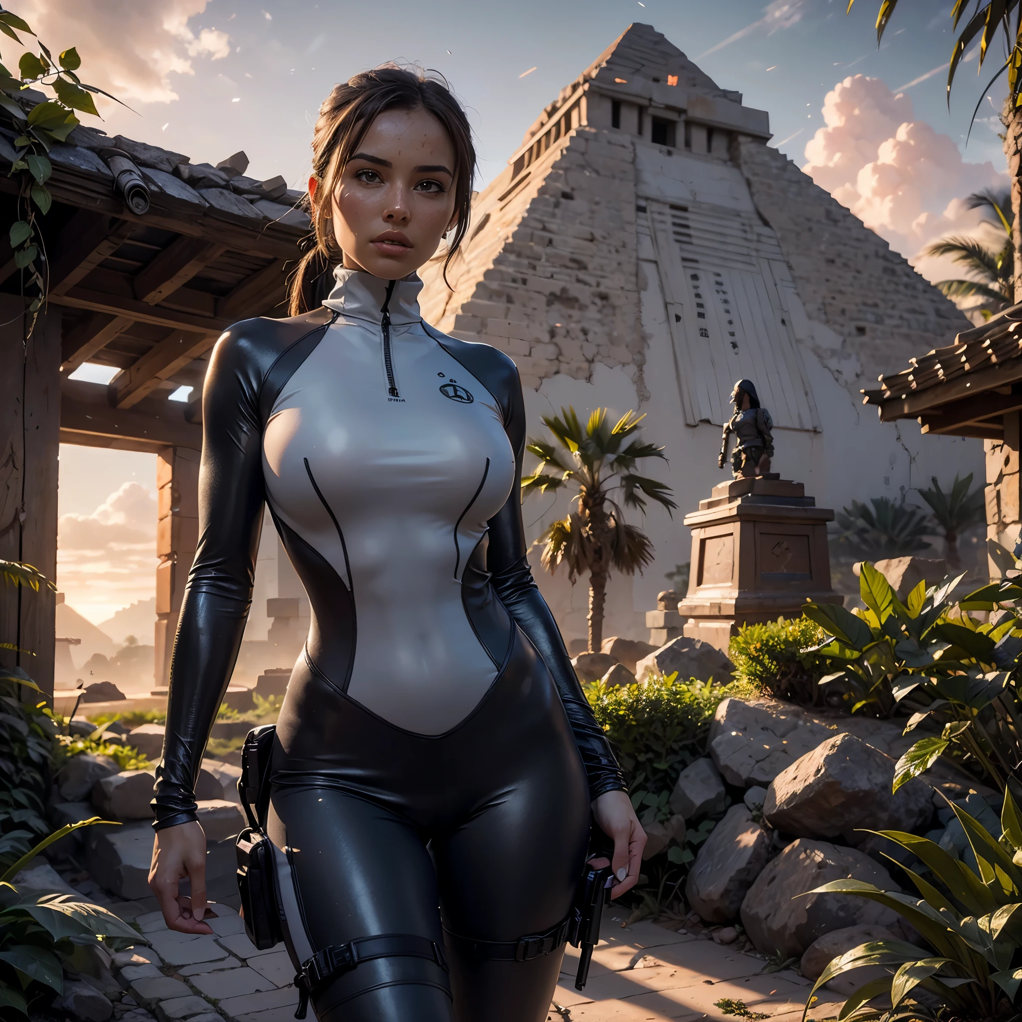 (1girl), arafed woman as Lara Croft Tomb Raider，(wearing a grey silver rubber turtleneck wetsuit:1.3), athletic body, (9mm guns in thigh holsters) posing in an ancient egyptian oasis, pyramids in background, jungle plants, jungle flowers, raging fires in background, (late sunset setting:1.15), tropical birds in sky, attack helicopter in sky, wet skin, photoreal render，dynamic pose, action pose, high contrast image, rendering by octane，zbrush。character design，realisticlying，unreal-engine，ultra - detailed，concept-art，trends in art station。 ((best quality)), ((masterpiece)), ((realistic)), (detailed), brown eyes, highly detailed skin and hair, looking at the viewer, Fantasy art，stunning gradient colors，detailed background，extremely detaile, tmasterpiece)，detailed background, HDR,