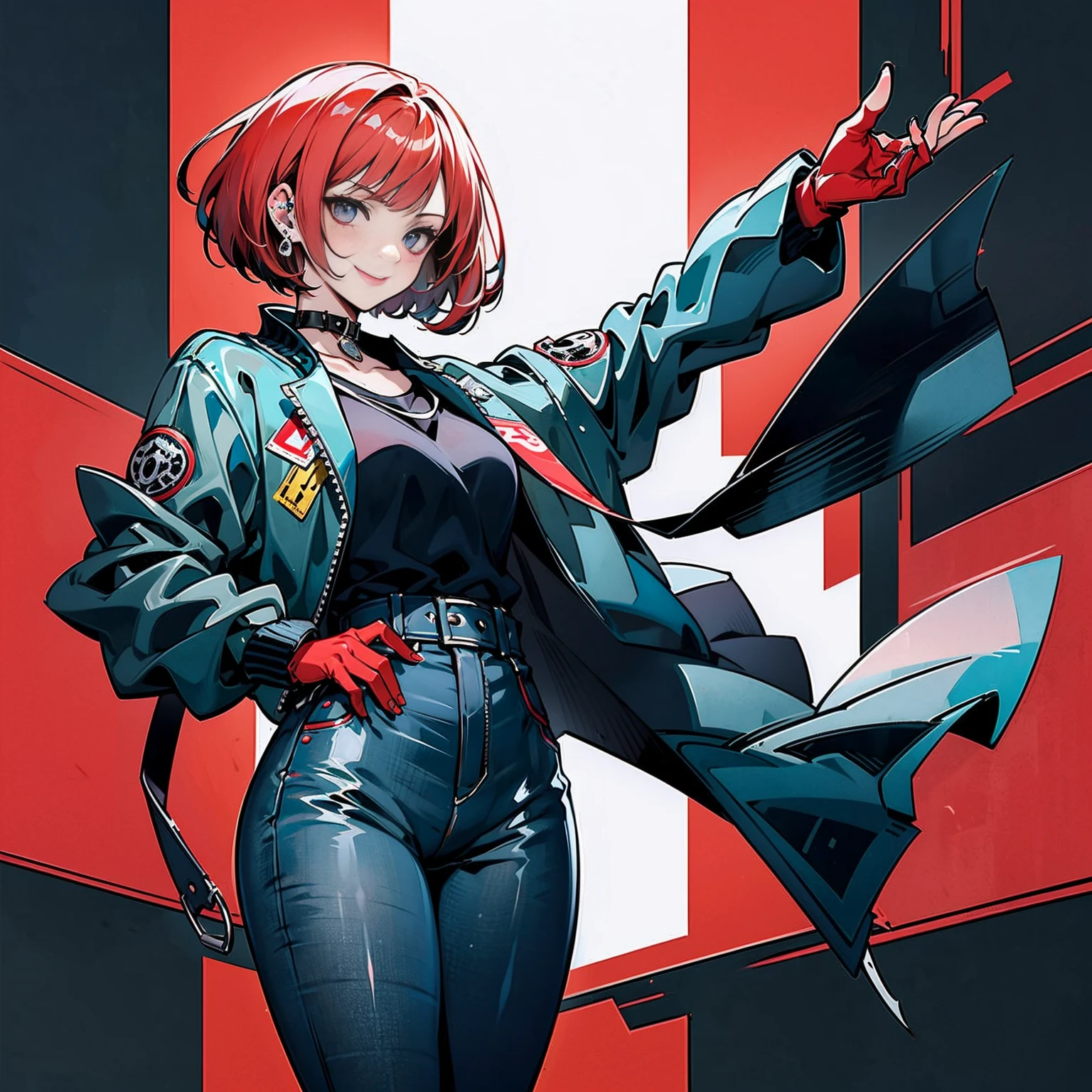 im Kunststil von Persona 5 und im Kunststil von Street of Rage 4, Delinquent, (sie sind), reifen_weiblich, erröten, reifen, ältere Frau, 2, Sukeban-Lehreroutfit, (1 Mädchen, Allein weiblich, Allein, Allein focus)++++, HALSBAND, sie sind teacher, sie sind Kämpfener, lang_Ärmel, open Jacke, blue Jacke,( Jeans)+++, light skin tone weiblich, (Ganzkörper)+++++, Jacke, biker Jacke, Band, Arm_Unterstützung, Handschuhe, Rot_Handschuhe, Brautstulpen, Nagelpolitur, Stiefel, Schwarz_Schuhwerk, Kämpfener outfit, (Ganzkörper)+++++++, Sanduhr, reifen face, freches Lächeln, Freches Gesicht, Falten, (Rot hair, Kurzes Haar, Bob-Frisur, Ohrringe, Ohrpiercings), Rot eyeighting art, Kampfsport, Stehen, Kämpfening_Haltung, Kämpfen, Kämpfening), zusätzliche Farben, 2d, megapixel, Perfektionismus, Akzentbeleuchtung, Full HD , (Meisterwerk:1.2), (Ganzkörperaufnahme:1),(Cowboy-Schuss:1.2), (sehr detailliert:1.2),(Anime Detailliertes Gesicht:1.2), bunt, Ein Auge fürs Detail, (detaillierte Landschaft:1.2), (natürliche Beleuchtung:1.2), ((sie sind school teacher)) Von Vincent Di Fate: Abonnieren, Anamorphe Aufnahme, Drittelregel, Gesicht von Artgerm und WLOP,