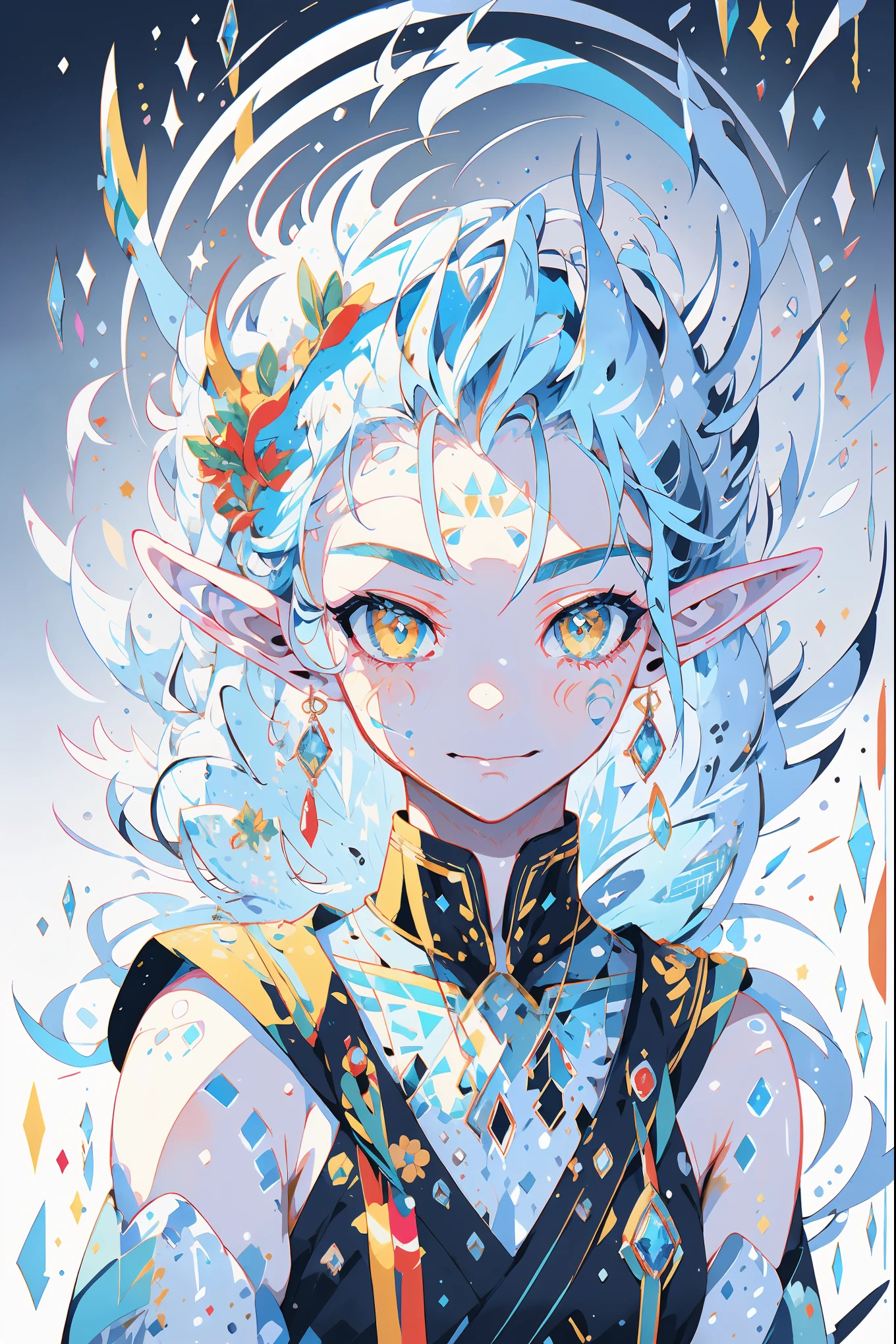 (portrait of an ice elf:1.2), medium length elf ears, pointy ears,ice around, frosty theme,( shiny yellow eyes:1.2), light cold smile, arrogant facial expression, sexy Russian style costume, Blue crystal jewelry, icy blue glowing tattoos,Detailed,Realistic,4k highly detail,by Mappa studios,masterpiece,best quality,official art,illustration,ligne claire,(cool_color),perfect composition,fantasy,focused,rule of third