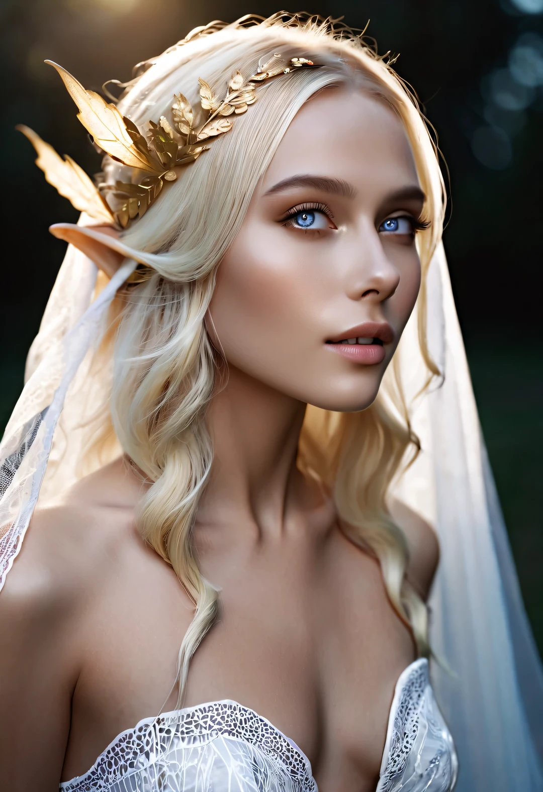 Charming half-length close-up photo of Nordic light elf, Has blonde hair, blue eyes, Exceptionally beautiful, minimalist, eternal melancholy, Stylish photography style, Dramatic firefly light, black to black, Asymmetrical composition, concept fantasy, intricate details, Perfect body, radiant skin, expressive eyes, High cheekbones, Delicate nose, bright smile, flowing hair, Wearing an exquisite white high-end lace wedding dress, Forest background under moonlight, Advertising style shoot, romantic wedding photography style, soft natural light, Shot with Canon AE-1 film camera, Lens 50mm, F/1.8, Deep light, pastel color palette, Very detailed, 8k,