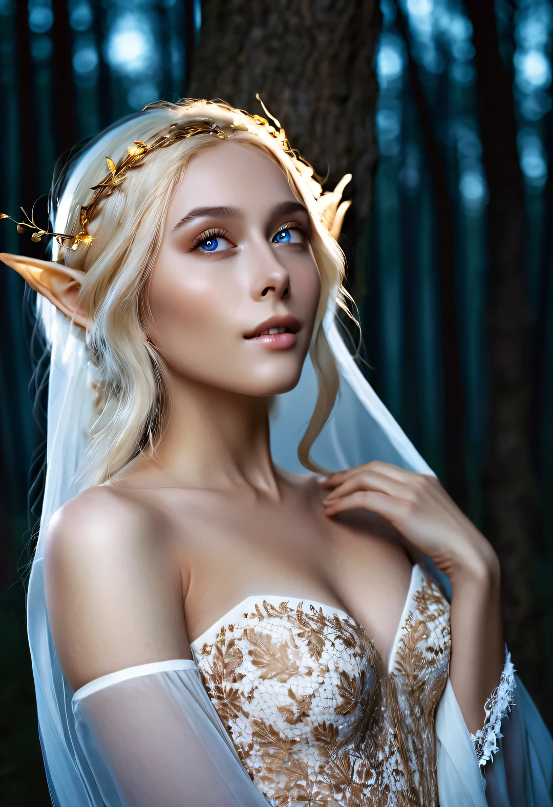 Charming half-length close-up photo of Nordic light elf, Has blonde hair, blue eyes, Exceptionally beautiful, minimalist, eternal melancholy, Stylish photography style, Dramatic firefly light, black to black, Asymmetrical composition, concept fantasy, intricate details, Perfect body, radiant skin, expressive eyes, High cheekbones, Delicate nose, bright smile, flowing hair, Wearing an exquisite white high-end lace wedding dress, Forest background under moonlight, Advertising style shoot, romantic wedding photography style, soft natural light, Shot with Canon AE-1 film camera, Lens 50mm, F/1.8, Deep light, pastel color palette, Very detailed, 8k,