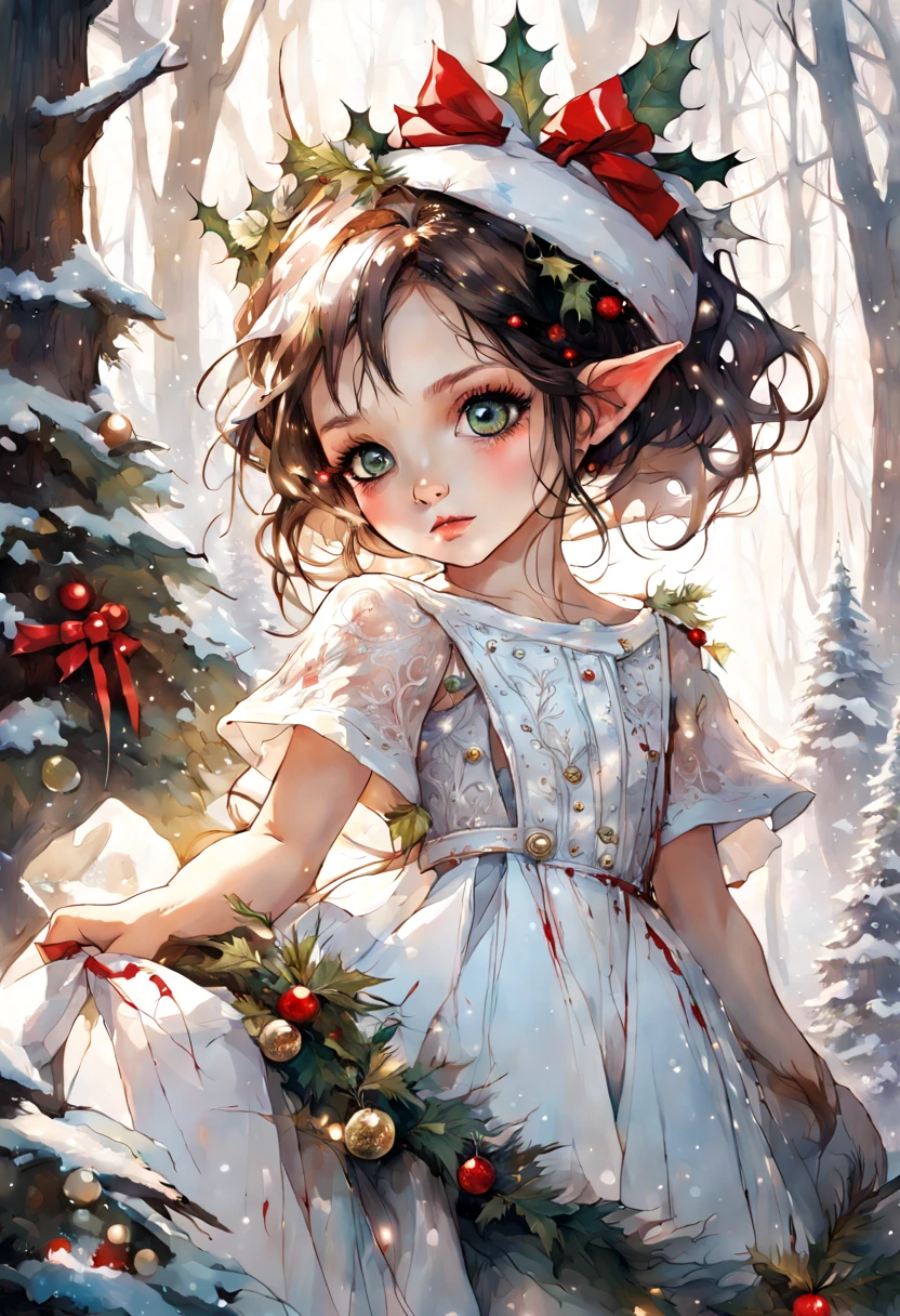 Beautiful Long-ears elf queen green eyes in red- white Christmas dress , enchanted forest background, dark hair, fantasy, intricate details, hyper detailed, Jean Baptiste Monge, Carne Griffiths, Michael Garmash, seb McKinnon, masterpiece