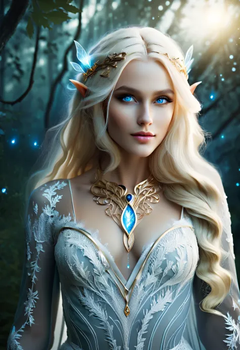 Charming half-length close-up photo of Nordic light elf, Has blonde hair, blue eyes, Exceptionally beautiful, minimalist, eternal melancholy, Stylish photography style, Dramatic firefly light, black to black, Asymmetrical composition, concept fantasy, intr...