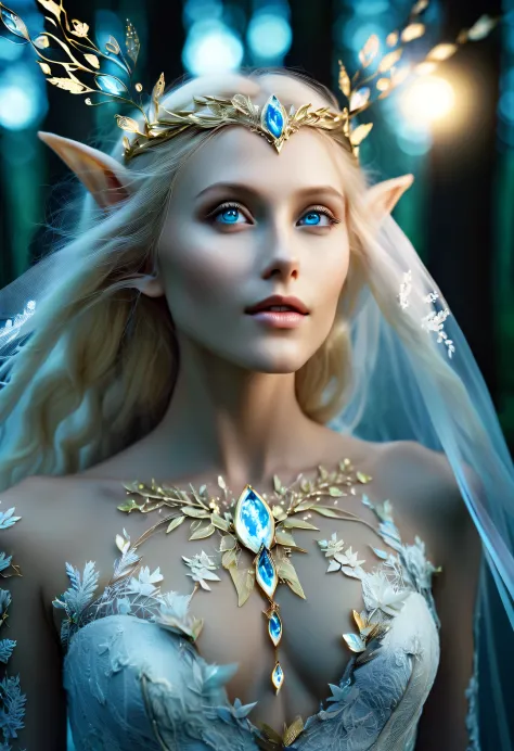 Charming half-length close-up photo of Nordic light elf, Has blonde hair, blue eyes, Exceptionally beautiful, minimalist, eternal melancholy, Stylish photography style, Dramatic firefly light, black to black, Asymmetrical composition, concept fantasy, intr...