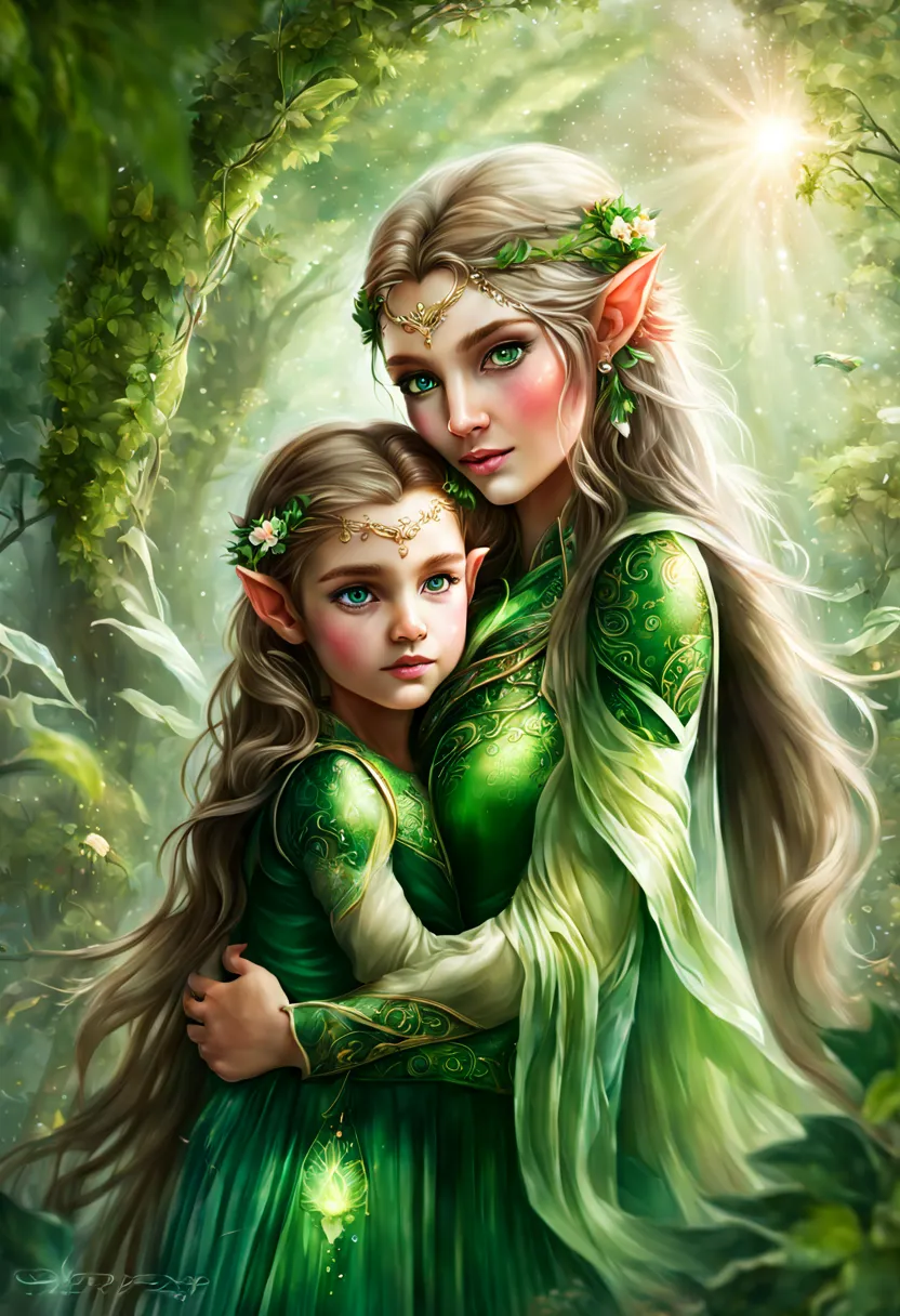 Hyper-detailed photograph of a captivating portrait of an elf mother with her baby: 1.2), (sharp focus, hyper-detailed, very com...