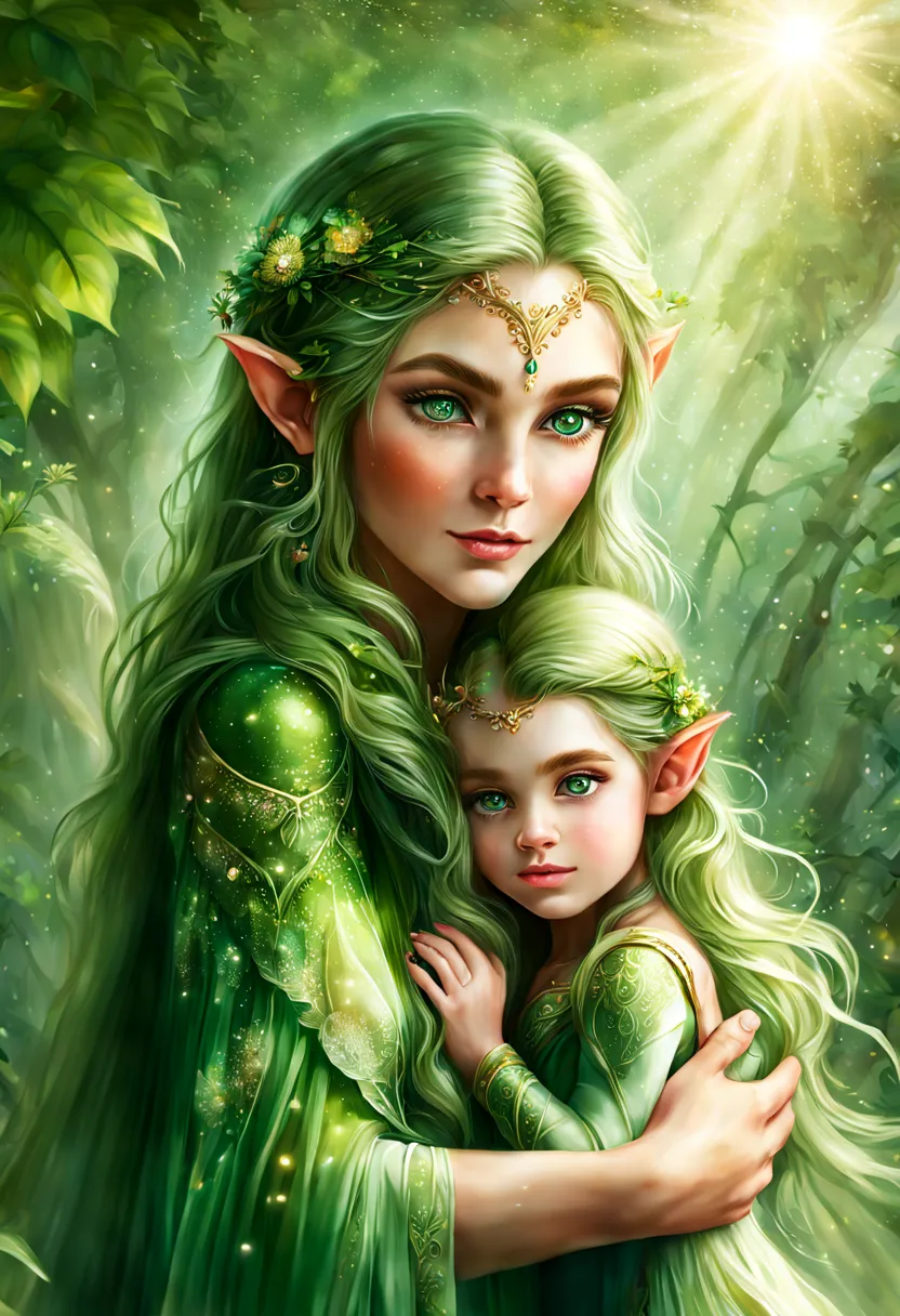 Hyper-detailed photograph of a captivating portrait of an elf mother with her baby: 1.2), (sharp focus, hyper-detailed, very com...